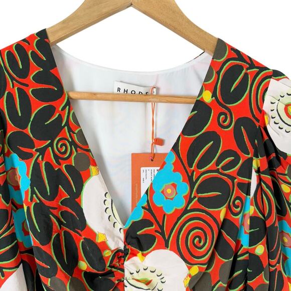 NWT‎ Rhode Maci Floral Print Midi Dress Orange Black Cream Blue, Size 0 - Picture 3 of 13
